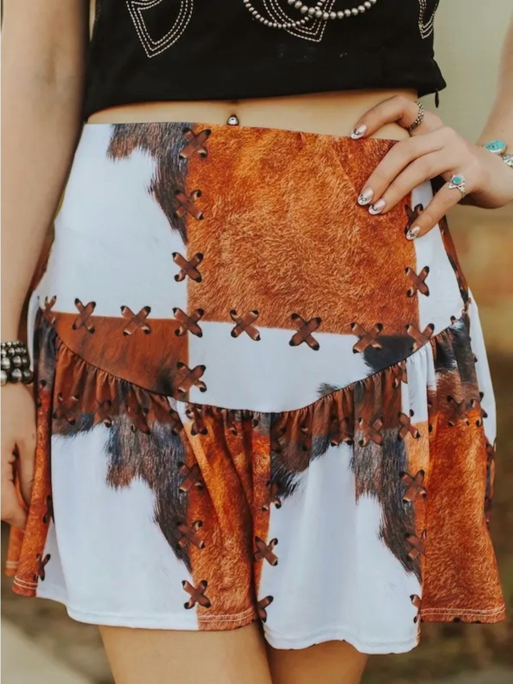 New: Rust Patchwork Mini Skirt - Boho Women's Skirt Texas Gameday